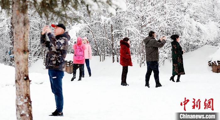 游客紛紛拍攝美麗的雪景。　王景陽(yáng) 攝