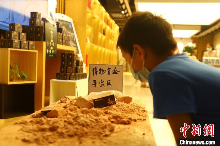 圖為在江西省博物館天工坊，一名小男孩端詳著已經(jīng)拆解完畢的“考古盲盒”現(xiàn)場(chǎng)。　劉占昆 攝